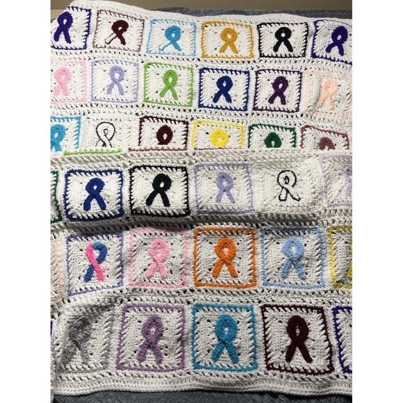 Handmade Crochet Awareness Ribbon Blanket – Multicolor, Soft Throw Ribbons 38X70 - Picture 1 of 13